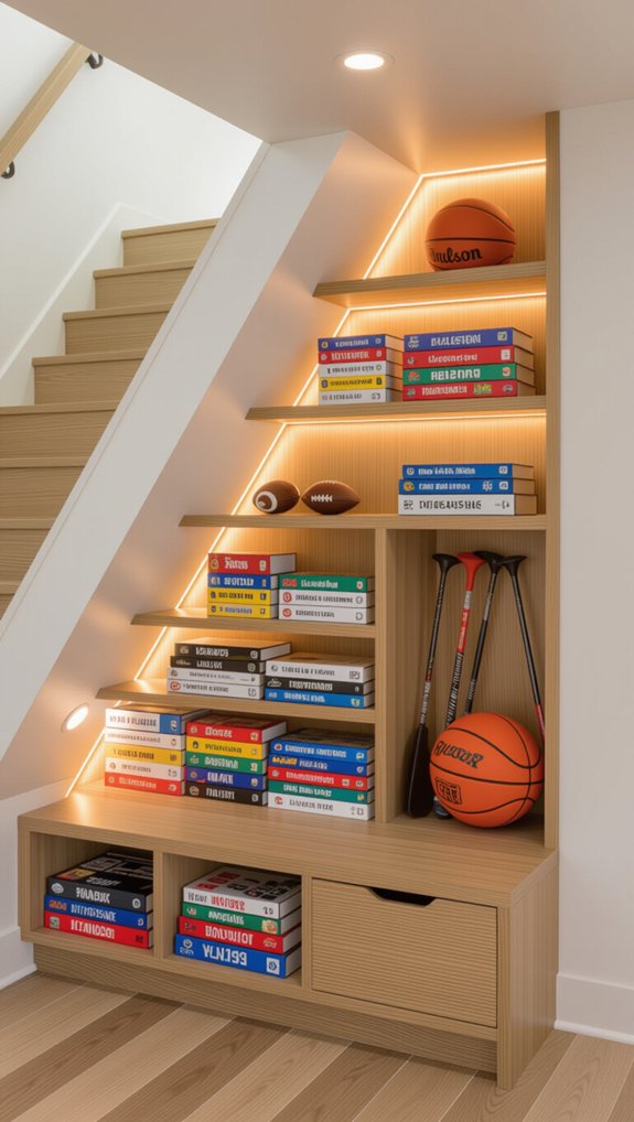 organized under stair game storage